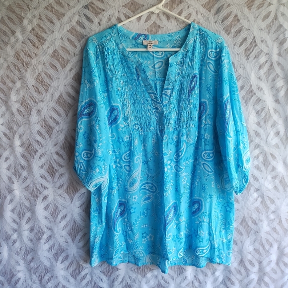 Como vintage blouse 2X blue paisley long sleeves button up - Picture 1 of 6
